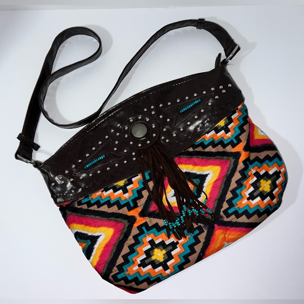 Bohemian Fringe Crossbody Textile/leather Bag Aztec Boho Shoulder Purse